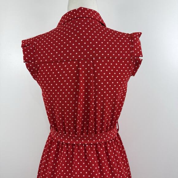 Retro Romance Polka Dot Red White Monteau Dress Small Pockets Belted Tradwife - Picture 7 of 12
